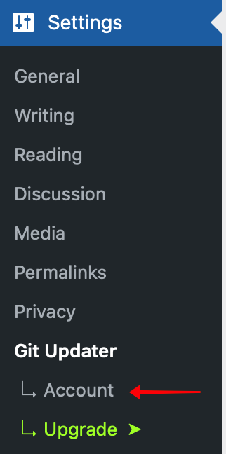 Git Updater Account menu